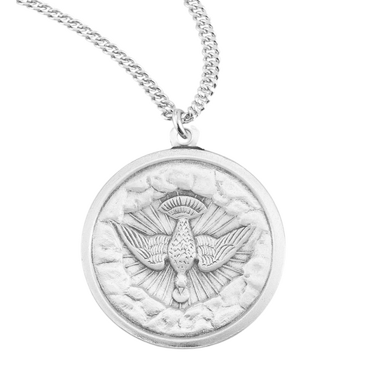 Medium 1" x 7/8" Sterling Silver Round Holy Spirit Medal, Catholic Gift, Made in USA