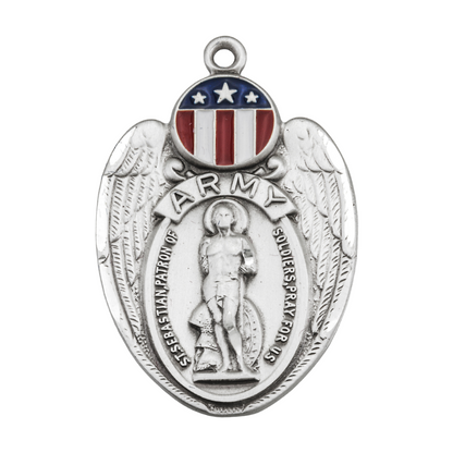Saint Sebastian Sterling Silver Army Shield Medal — 24" Chain, Gift Box