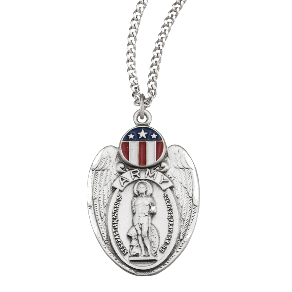 Saint Sebastian Sterling Silver Army Shield Medal, Catholic Gift, Made in USA
