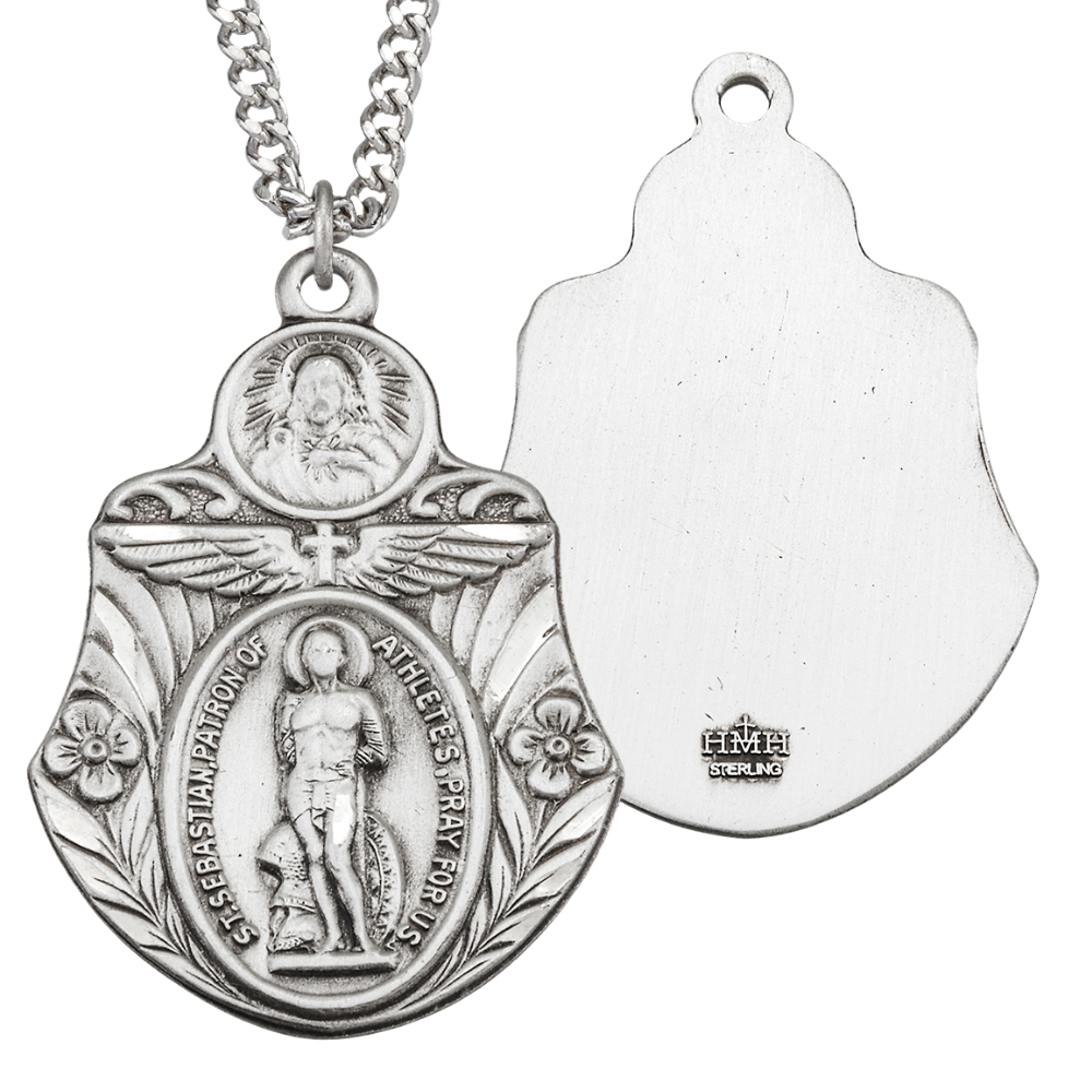 Saint Sebastian "Patron of Athletes" Sterling Silver Badge Shape Medal, Catholic Gift, Made in USA