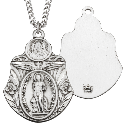 Saint Sebastian "Patron of Athletes" Sterling Silver Badge Shape Medal, Catholic Gift, Made in USA