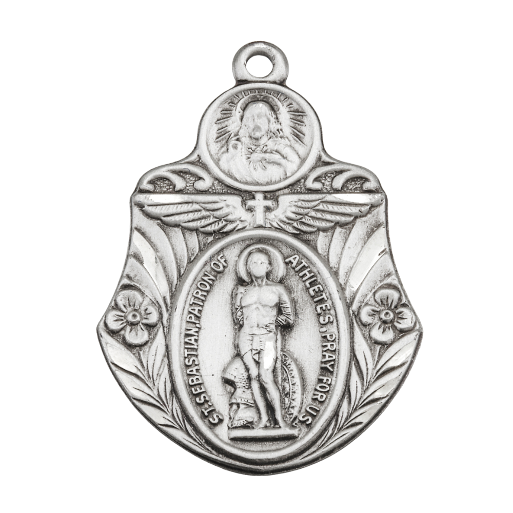 Saint Sebastian Sterling Silver Badge Medal — 24" Chain, Made in USA, Gift Box
