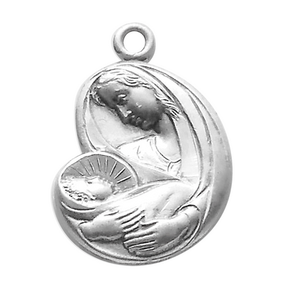 Mother and Child Sterling Silver Medal Pendant Necklace — 18" Chain, Made in USA