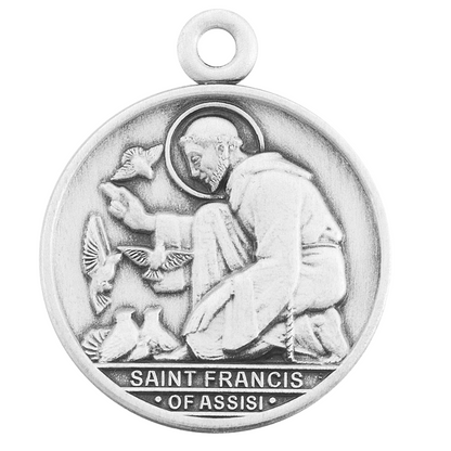 Saint Francis Assisi Round Sterling Silver Medal - 24 Inch Chain, Gift Box
