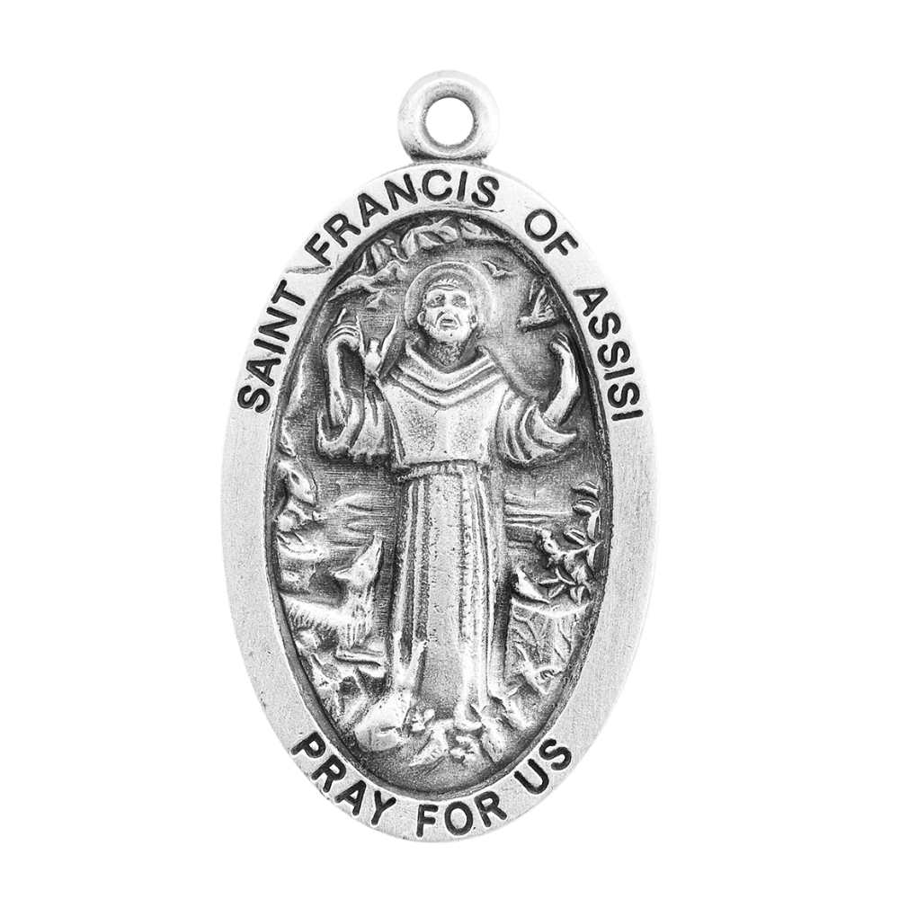 Saint Francis of Assisi Sterling Silver Oval Medal — 20" Chain, Gift Box