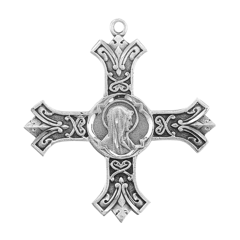 Madonna Cross Sterling Silver Pendant — 27" Chain, Made in USA, Gift Box Included