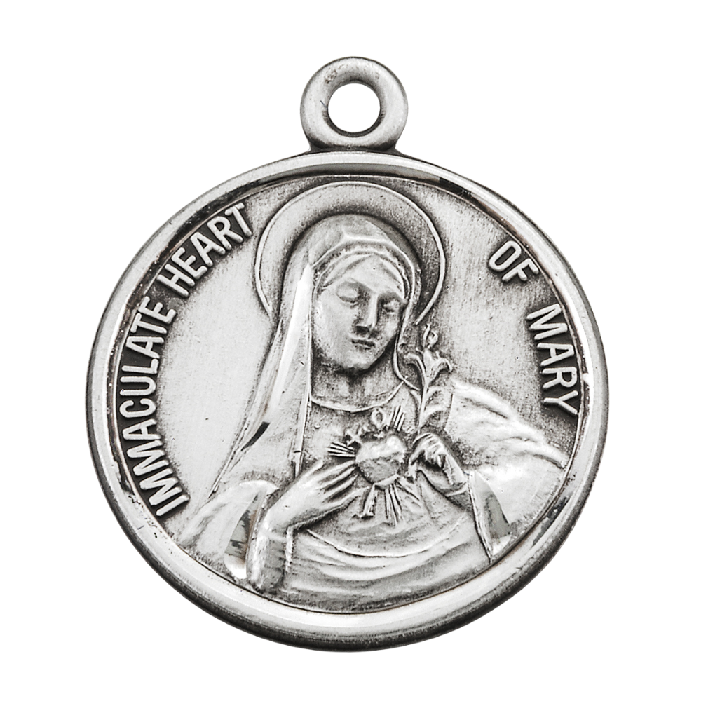 Immaculate Heart of Mary Sterling Silver Medal — 18" Chain, Made in USA, Gift Box