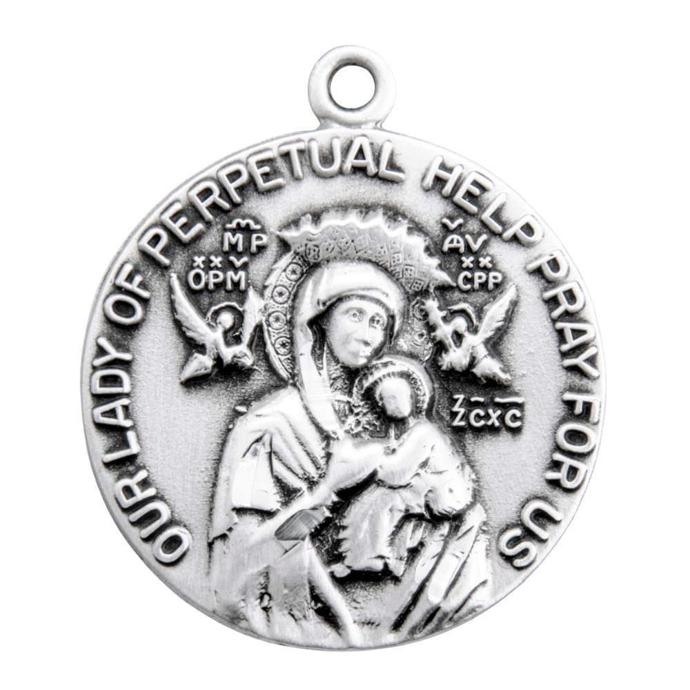 Our Lady of Perpetual Help Round Medal Sterling Silver Pendant — 18" Chain