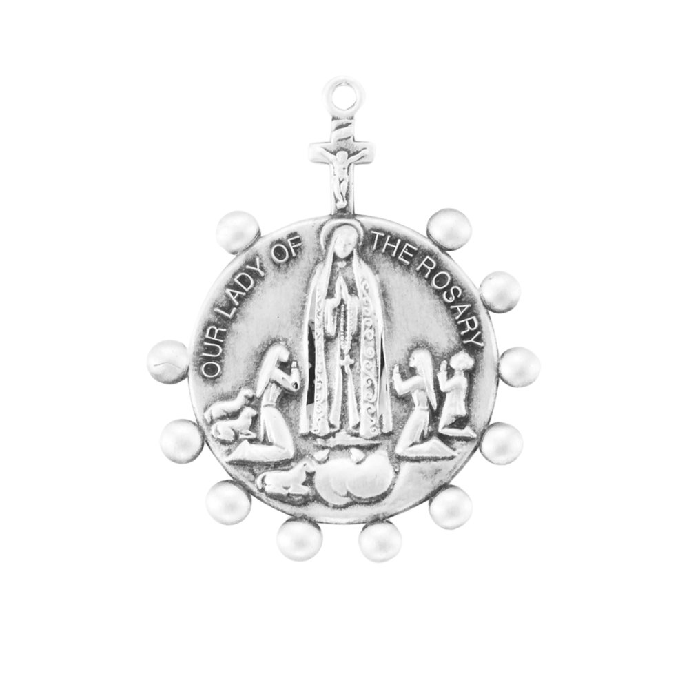 Our Lady of the Rosary Sterling Silver Pendant — 24" Chain, Gift Box Included