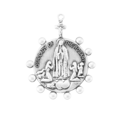 Our Lady of the Rosary Sterling Silver Pendant — 24" Chain, Gift Box Included