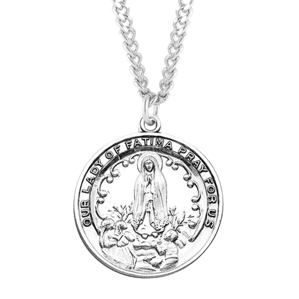 Sterling Silver Lrg. Round O.L. of Fatima Pray for us, Catholic Gift, Made in USA