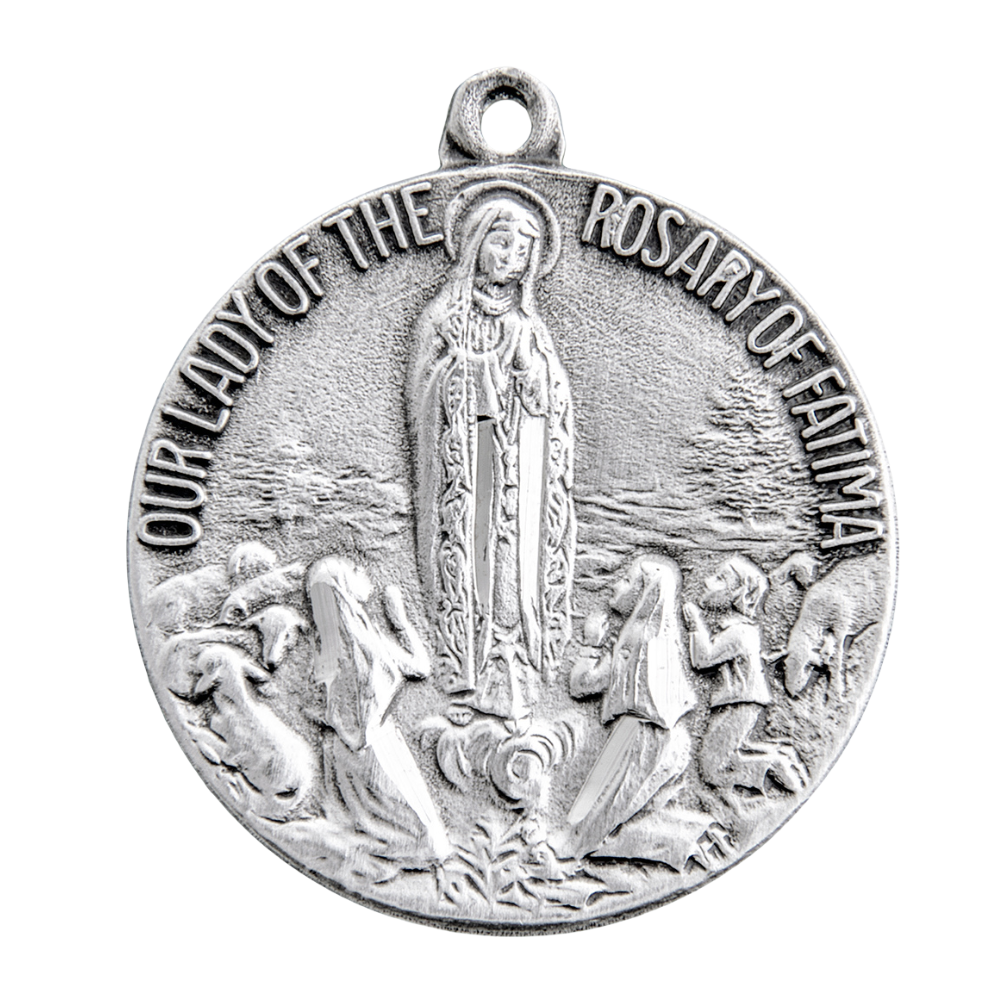 Our Lady of Fatima Sterling Silver Round Medal Pendant — 18" Chain, Gift Box