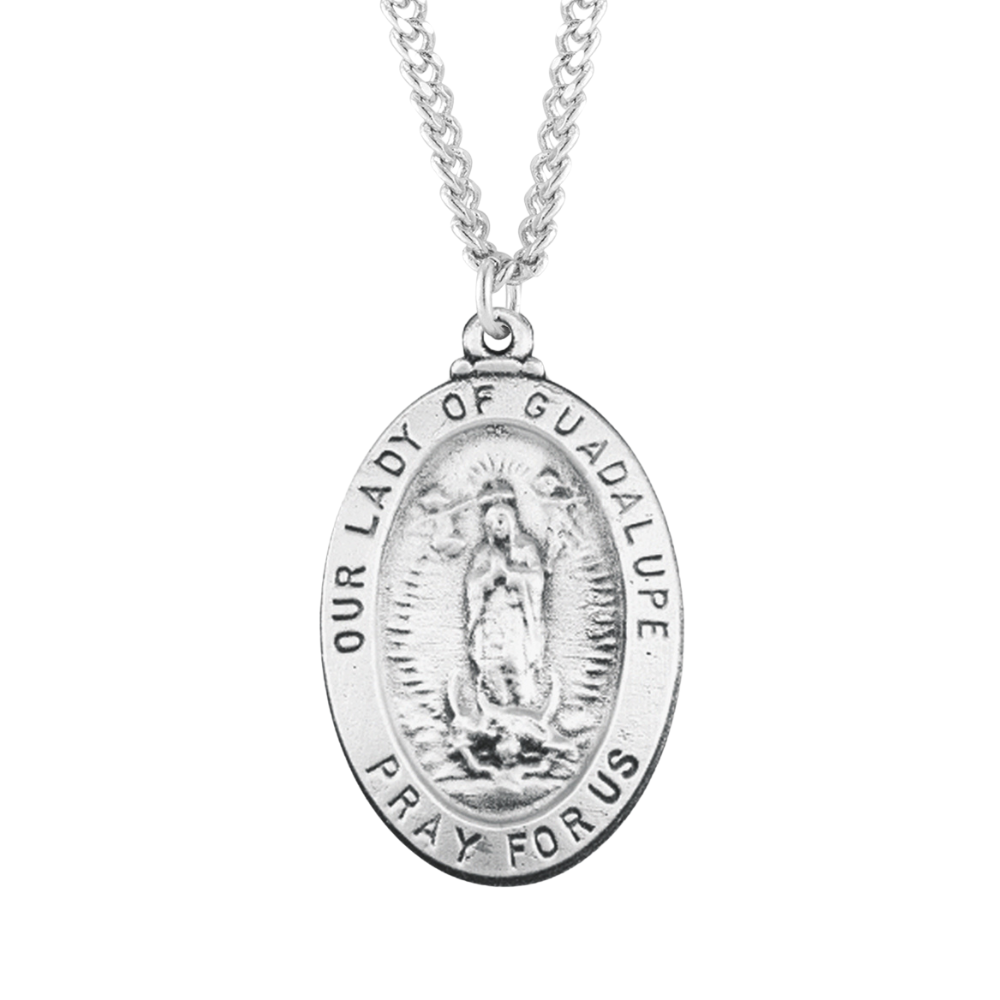 Medium 1 1/8" x 11/16" Sterling Silver Oval Our Lady of Guadalupe Medal, Catholic Gift, Made in USA