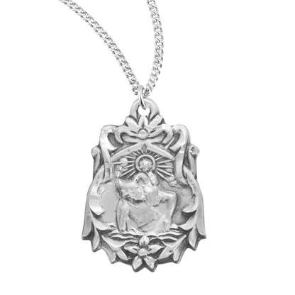 Saint Christopher Floral Bordered Sterling Silver Medal, Catholic Gift, Made in USA