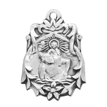 Saint Christopher Sterling Silver Floral Medal Necklace - 18" Chain, Gift Box