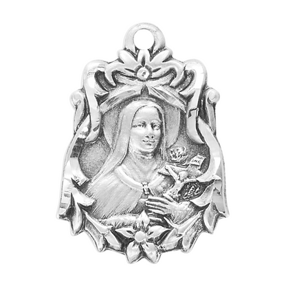 Saint Therese of Lisieux Sterling Silver Medal Pendant — 18" Chain, Gift Box