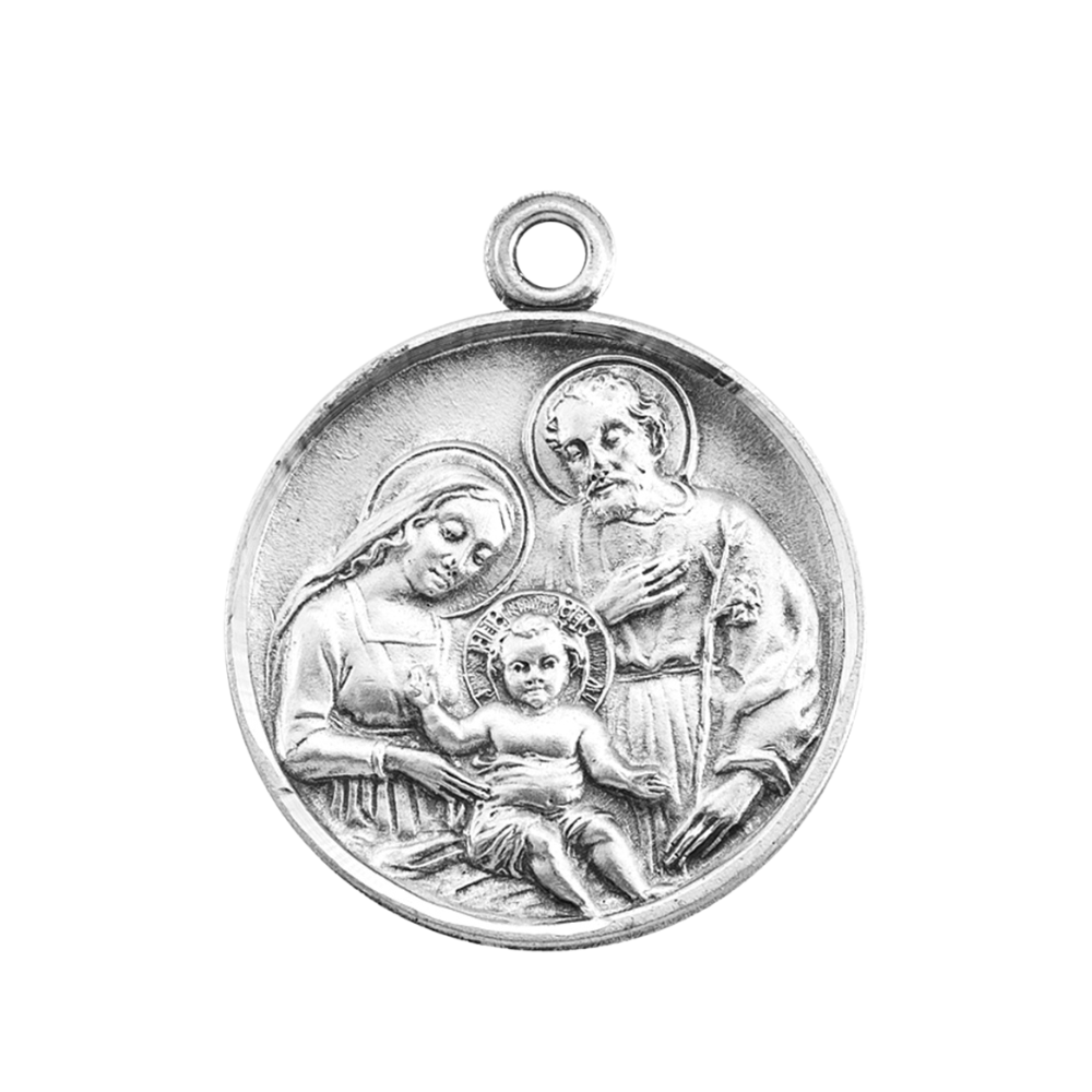 Holy Family Sterling Silver Round Medal Pendant — 20" Chain, Made in USA