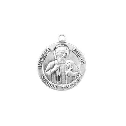 Saint Jude Thaddeus Sterling Silver Round Medal Necklace — 20 Inch Chain