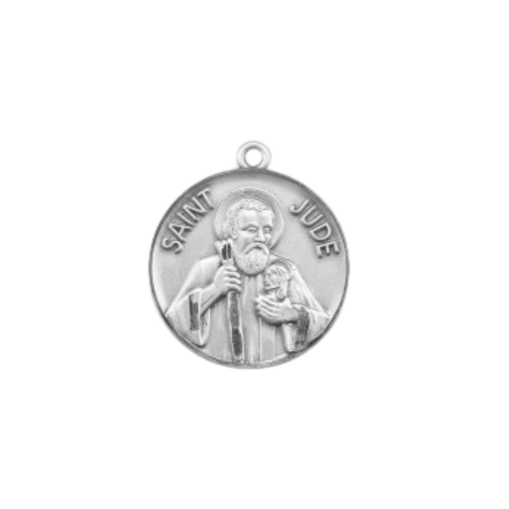 Saint Jude Sterling Silver Round Medal Pendant — 24" Chain, Gift Box Included