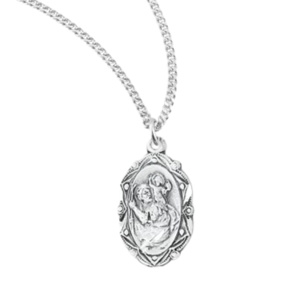 Saint Christopher Fancy Oval Sterling Silver Medal, Catholic Gift, Made in USA