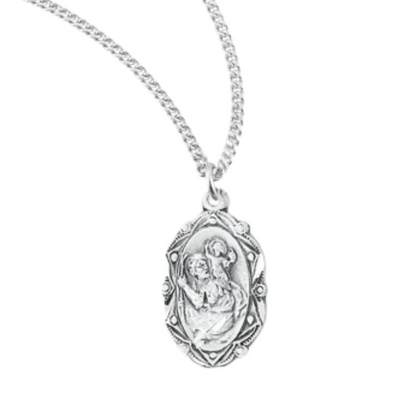 Saint Christopher Fancy Oval Sterling Silver Medal, Catholic Gift, Made in USA