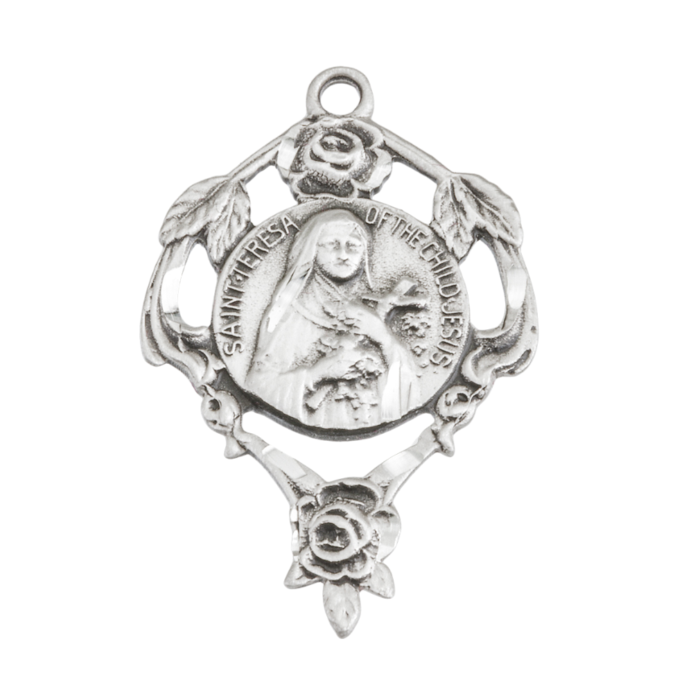 Saint Therese Sterling Silver Round Medal Pendant — 18" Chain, Gift Box