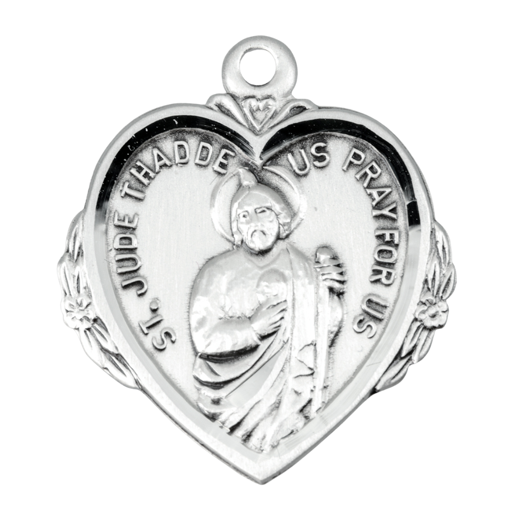 Saint Jude Sterling Silver Heart Medal Pendant — 20" Chain, Made in USA