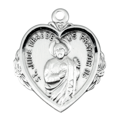 Saint Jude Sterling Silver Heart Medal Pendant — 20" Chain, Made in USA