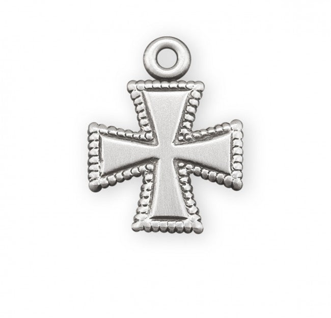 Beaded Cross Sterling Silver Pendant Necklace — 18" Chain, Made in USA, Gift Box