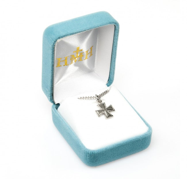 Beaded Cross Sterling Silver Pendant Necklace — 18" Chain, Made in USA, Gift Box