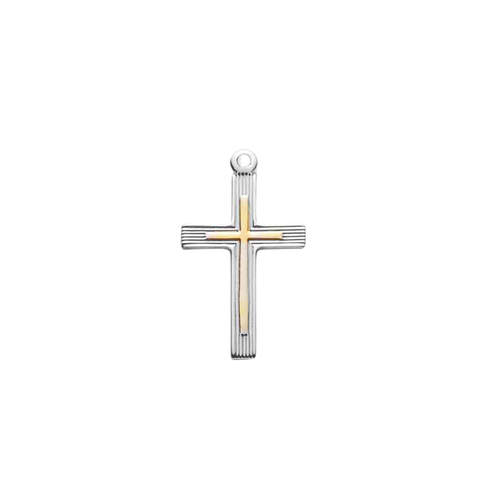 Two-Tone Cross Sterling Silver Pendant — 18" Chain, Made in USA, Gift Box