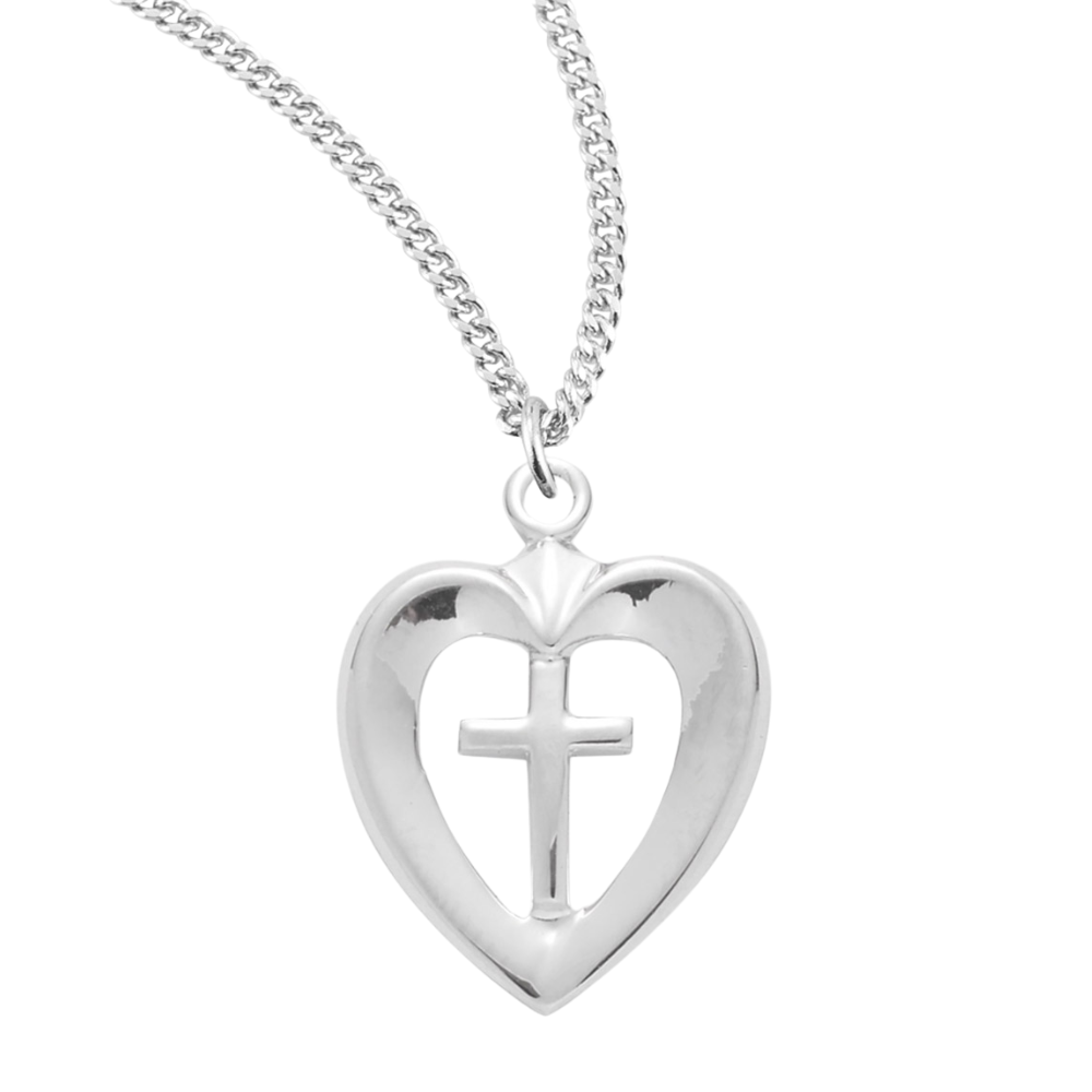 Sterling Silver Cross in an Open Heart Pendant, Catholic Gift, Made in USA