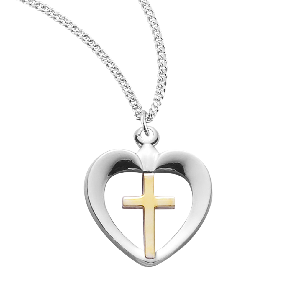 Two-Tone Sterling Silver Cross in Heart Pendant, Catholic Gift, Made in USA