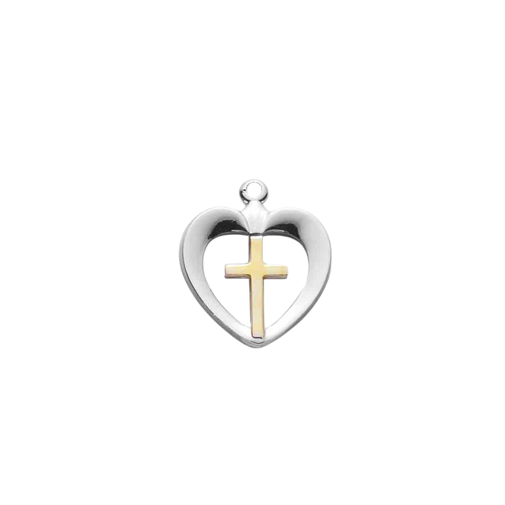 Two-Tone Sterling Silver Cross in Heart Pendant Necklace - 18" Chain, Gift Box