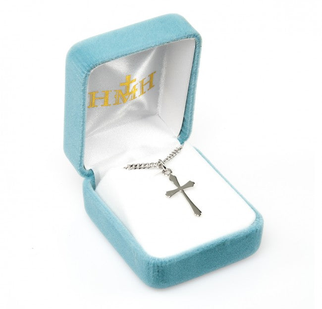 Taper End Cross Sterling Silver Pendant — 18" Chain, Made in USA, Gift Box Included