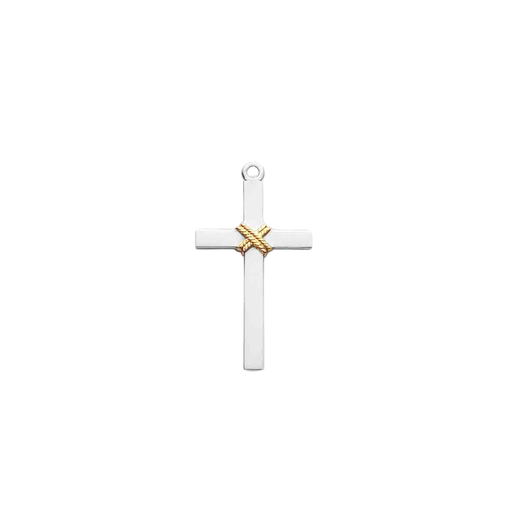 Two-Tone Cross with Rope Sterling Silver Necklace — 24" Chain, Gift Box