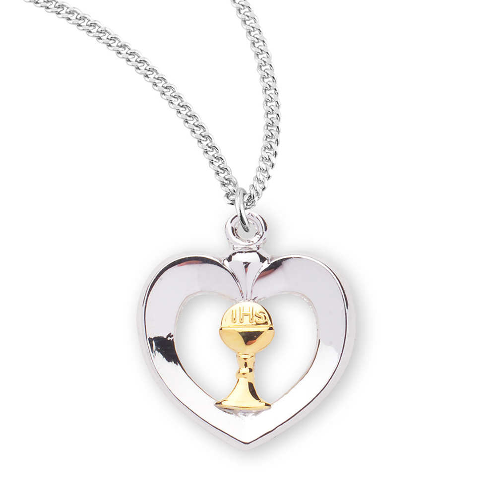 Two-Tone Sterling Silver Heart with a Chalice, Catholic Gift, Made in USA