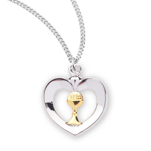 Two-Tone Sterling Silver Heart with a Chalice, Catholic Gift, Made in USA