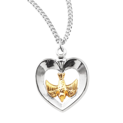Sterling Silver Two-Tone Holy Spirit Inlaid Heart Pendant Necklace, 18" Rhodium Plated Stainless Steel Chain, Made in USA- Deluxe Velvet Gift Box Included