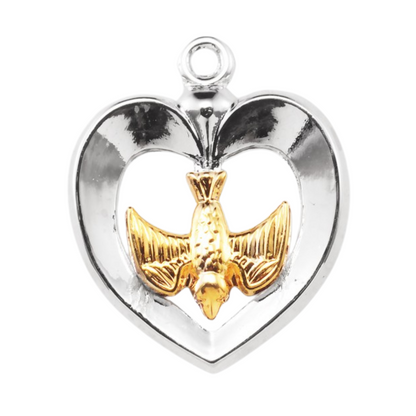 Sterling Silver Two-Tone Holy Spirit Inlaid Heart Pendant Necklace, 18" Rhodium Plated Stainless Steel Chain, Made in USA- Deluxe Velvet Gift Box Included