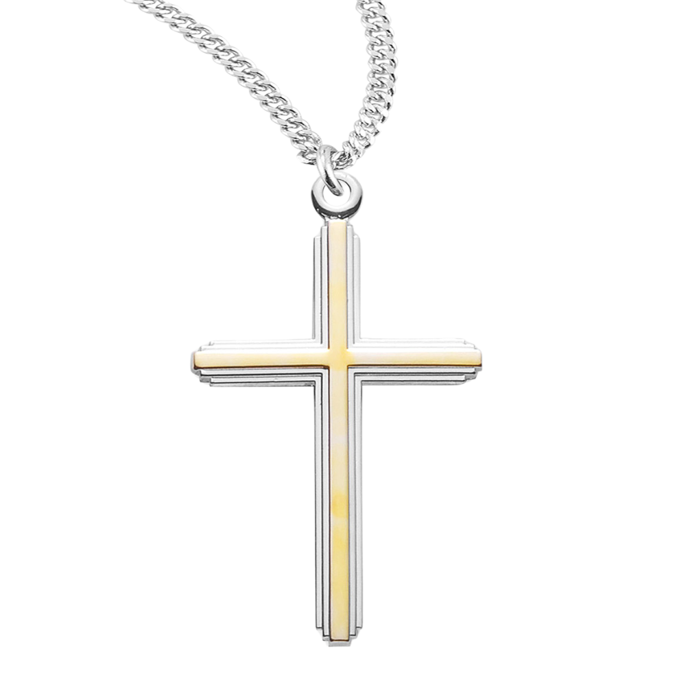 Sterling Silver Lrg. TuTone Inlayed Cross, Catholic Gift, Made in USA