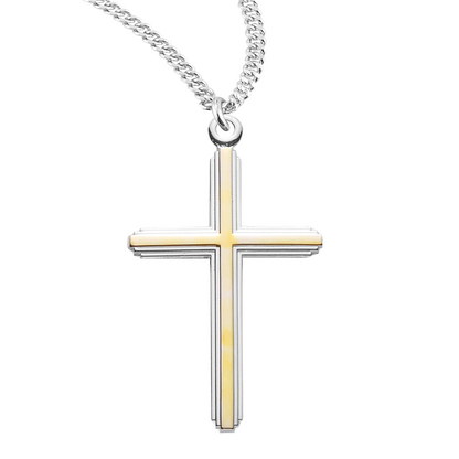 Sterling Silver Lrg. TuTone Inlayed Cross, Catholic Gift, Made in USA