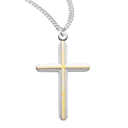 Sterling Silver Lrg. TuTone Inlayed Cross, Catholic Gift, Made in USA