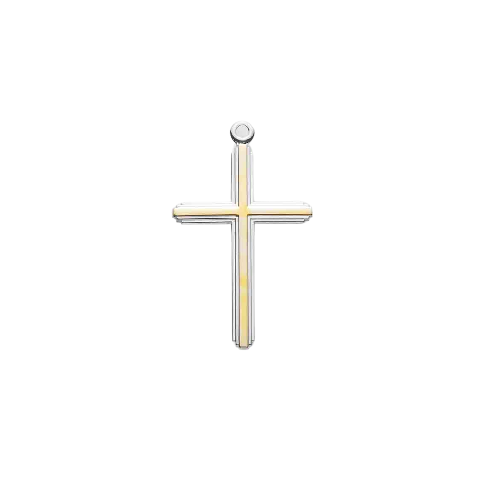 Large Tu-Tone Inlayed Cross Sterling Silver Pendant Necklace - 20 Inch Chain