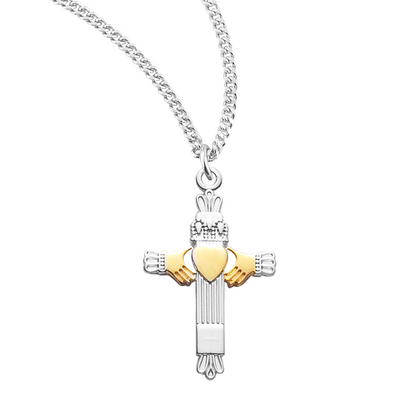 Two-Tone Sterling Silver Claddagh Cross, Catholic Gift, Made in USA