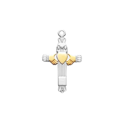 Irish Claddagh Cross Sterling Silver Two-Tone Pendant — 18" Chain, Gift Box