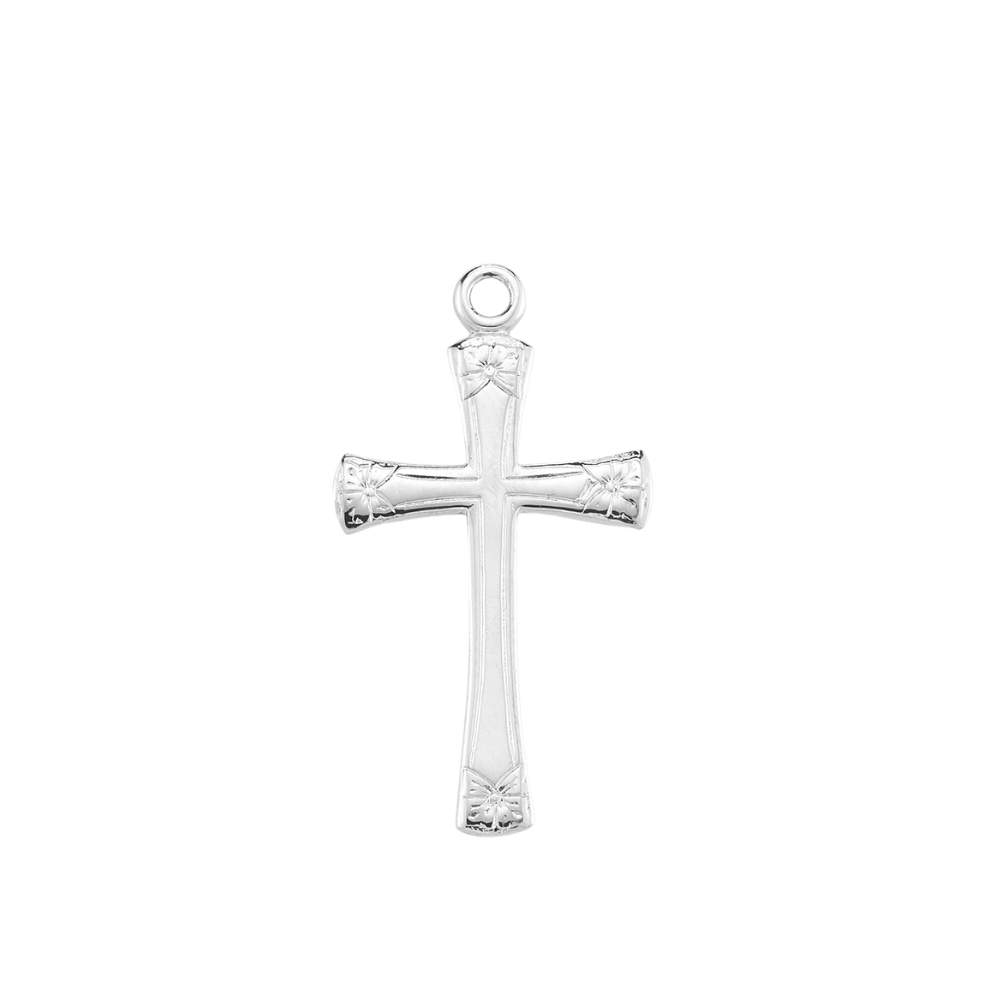 Flower Tipped Sterling Silver Cross Pendant — 18" Chain, Gift Box Included