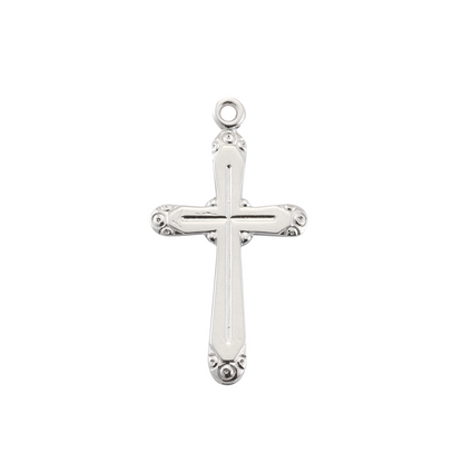 Round Edge Cross Sterling Silver Pendant Necklace - 18 Inch Chain, Made in USA