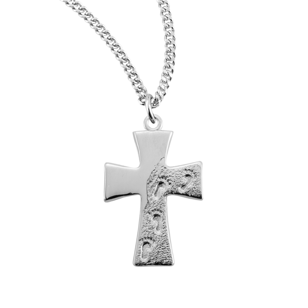 Sterling Silver Footprints in the Sand Cross, Catholic Gift, Made in USA