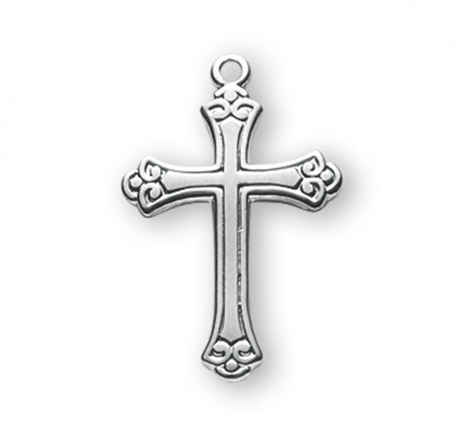 Swirl Tipped Cross Sterling Silver Pendant — 18" Chain, Made in USA, Gift Box